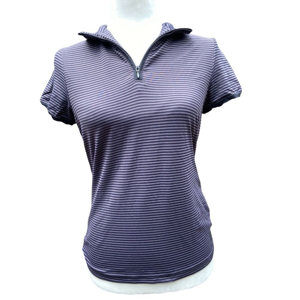 Women's Aquascutum 1/4 Zip Short‎ Sleeve Shirt Stretch Striped Small